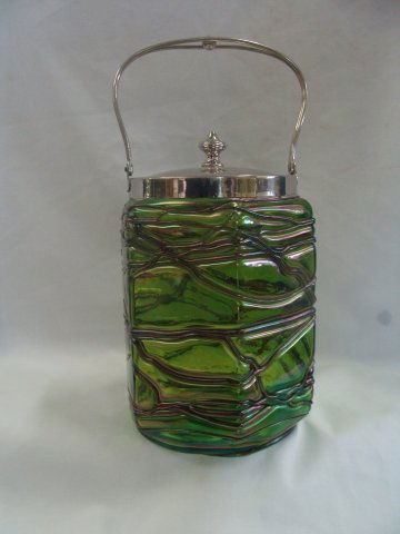 Loetz Pallme Konig Iridescant Lidded Biscuit Jar: 6 3/4" tall without the lid, no apparent issues