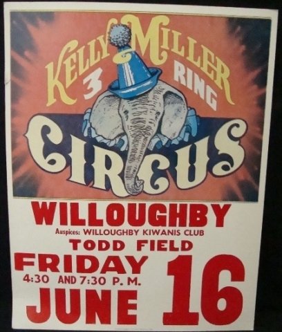 Vintage Kelly Miller 3-Ring Circus Ad Broadside: Founded in 1938: Kelly Miller 3 Ring Circus Advertising Broadside; large hard cardstock poster measuring approx 21-1/2" x 27"; very good condition with just some edgewear and a small tear in the left 
