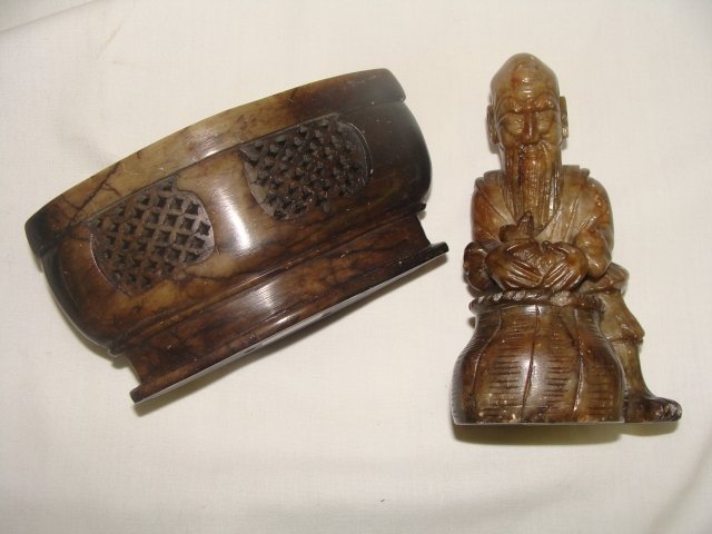 Pair Soapstone Grouping Male Figure and Vessel: Male Figure is 5 1/8" tall, vessel is 5 3/4" long, 2 3/4" tall