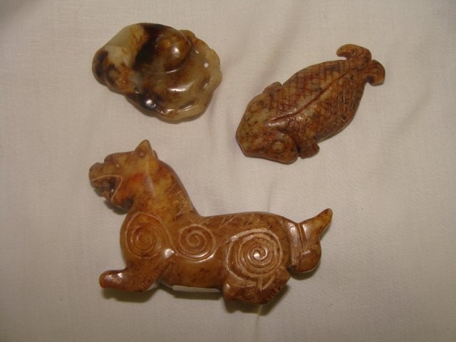 Lot of 3 Early Carved Soapstone Animal Sea Creatur: The Fish Salamander figure is 2 5/8" x 1 1/4", the tiger is 3 1/2" x 2" tall, 1" wide, the Serpant is 2" x 1 1/2"