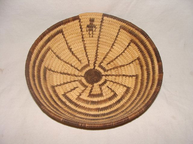 Papago Indian Man-In-The-Maze Coiled Basket: circa 1970's, 9 3/4" diameter, 2 1/4" deep, black design with bleached yucca leaf background