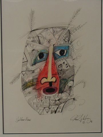 Yellow Nose Mask by Mi'Kmaq Artist Alan Syliboy: Ink and Color painting of Yellow Nose False Face Mask, image is 11" x 15", framed is 16 1/4" x 20"