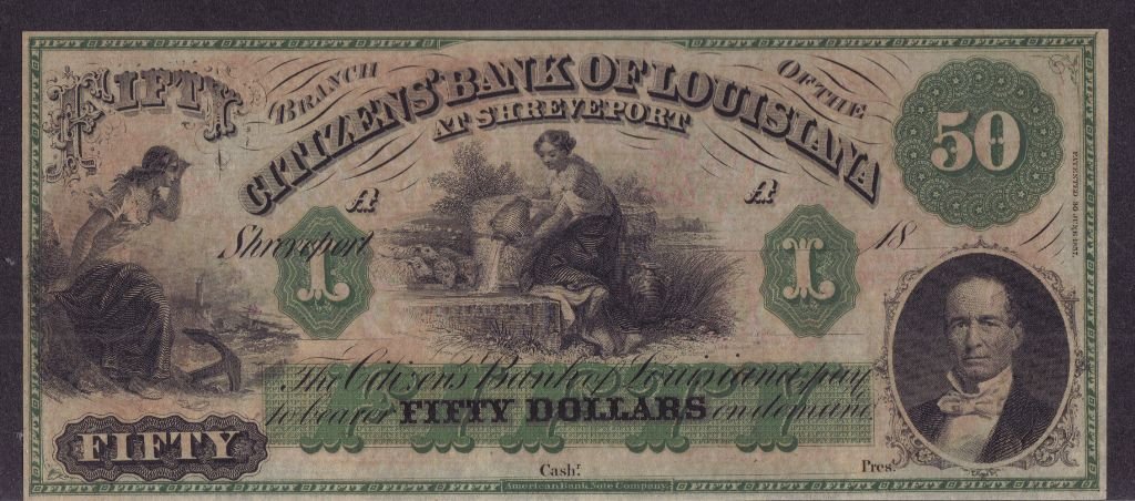 Bank of Louisiana $50 Shreveport Obsolete Not: Well centered, crisp and uncirculated obsolete currency note. Choice CU