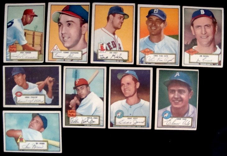 1952 Topps Baseball Card Lot (10 w Valo): Lot of (10) 1952 Topps Baseball Cards; overall condition is VG to VG-EX, a few slightly OC; includes #34 Elmer Valo, #40 Irving Noren, #45 Edward Joost, #47 Willie Jones, 351 James Russell, #53 Christ
