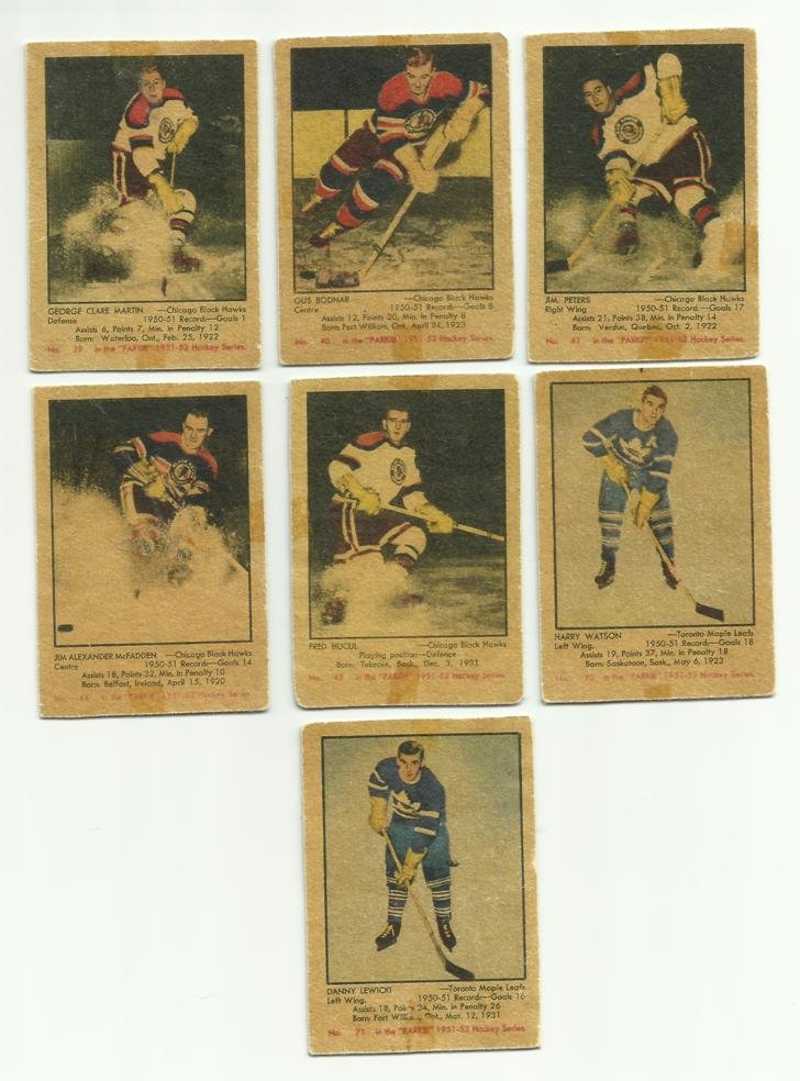 1951-52 Parkie Hockey Card Lot (7): 1951-52 'Parkie' Hockey Card Lot; includes (7) cards in Good to VG-EX condition; includes #39 George Martin, #40 Gus Bodnar, #41 Jim Peters, #44 Jim Alexander McFadden, #45 Fred Hucul, #70 Harry Watso