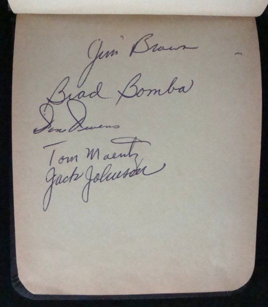 1957-58 College Stars Autograph Book, (65+) Sigs w: 1957-58 College Stars Autograph Book; includes over (65) signatures with some major stars; includes Jim Brown, Jack Johnson, Al Wharton, Len Dawson, Joe Walton, Ronnie Underwood, Steve Junker, John Br