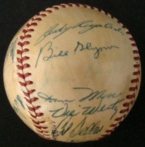 1954 AL Championship Indians Team Signed Baseball: 1954 American League Champions Cleveland Indians Team Signed OAL William Harridge Reach Baseball; signed by (27) members of the 1954 Championship team; includes HOFers Bob Feller (x2), Hal Newhouser a
