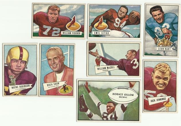 1950's Bowman Football Card Lot (12) w Shaw RC: Lot of (12) 1950's Bowman Football Cards; overall condition is VG-EX to EX; includes (4) 1951 Bowman Cards - #26 Hart, #29 Tripucka, 365 Fischer and #139 Sitko; (7) 1952 Bowman Smalls - #59 Jennings, 