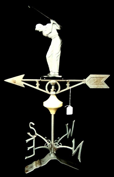 Robbins Outdoor Golfer-Themed Weathervane: Robbins Metal Craft Aluminum Outdoor Golfer Themed Weathervane; stands approx 31" tall and features a golfer on top of the weathervane with metal brackets on the bottom of the weathervane for securing