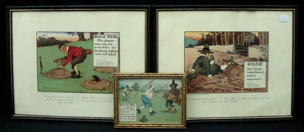 Early 1900's Trio of Framed Perrier Golf Prints: Early 1900's Original Trio of Framed Perrier Golf Prints; originally produced for a Perrier Sparkling Water promotion drawn by artist, Charles Crombie; includes Rule #9 'Any loose impediment…may be 