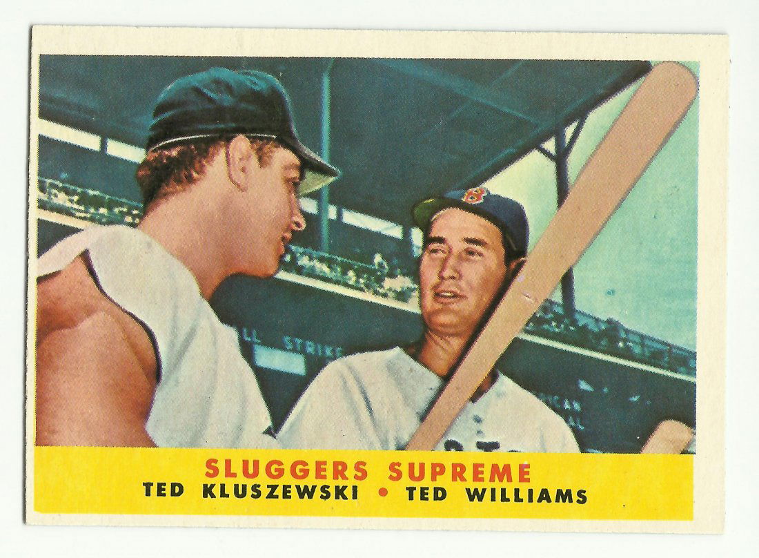 1958 Topps #321 Sluggers Supreme, Williams: 1958 Topps #321 Sluggers Supreme (Ted Kluszewski - Ted Williams); EX-MT condition, slightly OC; nice sharp corners and nice coloring; clean backside; very nice card, ready for grading.