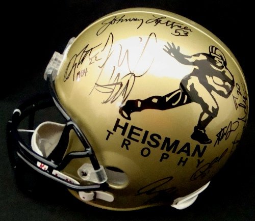 Heisman Trophy Winners Multi-Signed Full Size Helm: Gold Heisman Trophy Winners Multi-Signed Full Size Helmet; (15) Signatures all signed in black sharpie marker; some signatures include Johnny Lattner (1953); Doug Flutie (1984); Gary Reban (1967); Joh