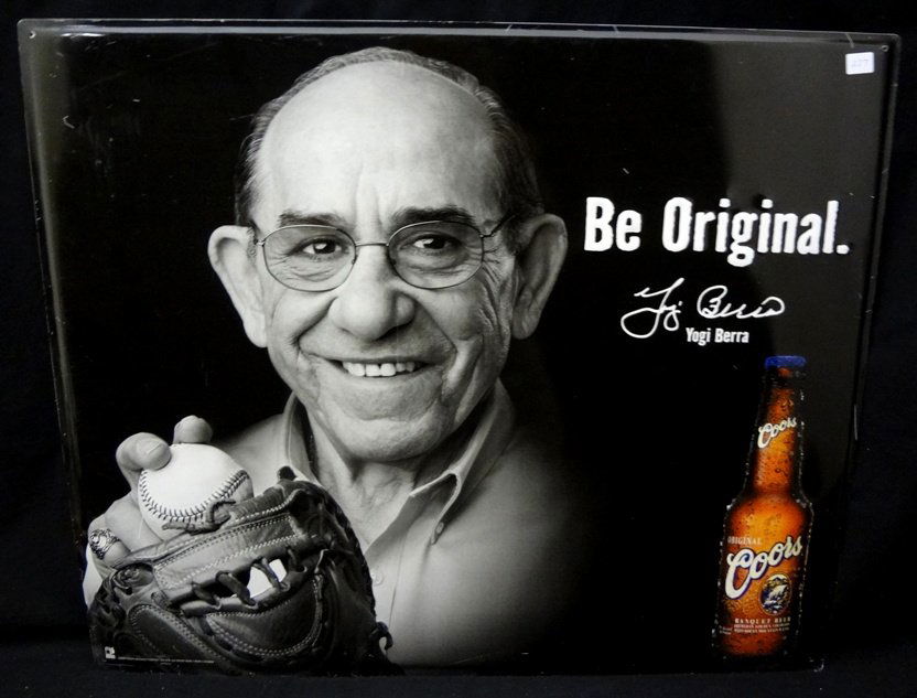 (3) Coors Light Tin Ad Signs, Berra, Aaron, Sander: Lot of (3) Coors Light Tin Advertising Signs; issued in 2001 and are all in good condition; includes Yogi Berra, Hank Aaron and Barry Sanders; outstanding displays for a bar or the avid beer sign coll