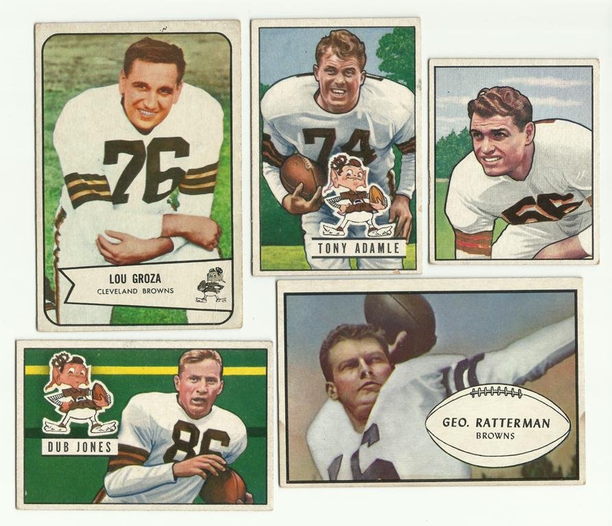 1950-54 Bowman Football Card Lot, (10) w Stars: 1950-54 Bowman Football Card Lot; includes (10) cards in VG to VG-EX condition; includes 1950 Bowman #78 Dante Lavelli; 1951 Bowman - #37 Gillom, #38 Rymkus, #74 Jones and #110 Adamle; 1952 Bowman #11