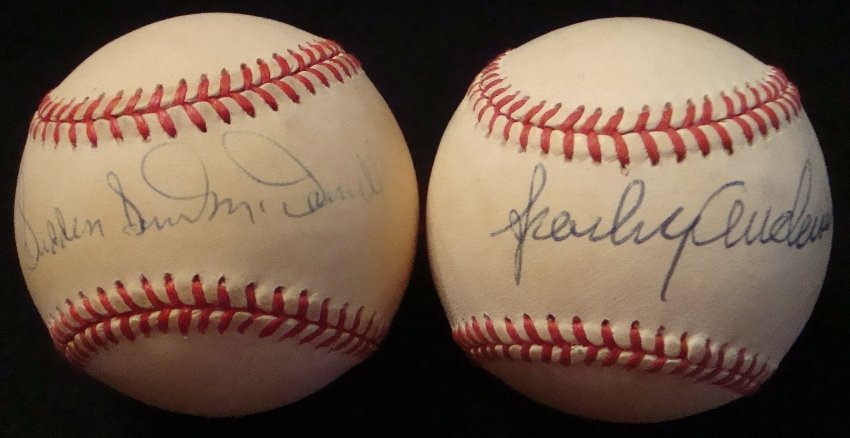 Sparky Anderson Sam MdDowell Single Signed Balls: Lot of (2) Single Signed Baseballs; includes OAL Bobby Brown Baseball signed by Sparky Anderson; signed in blue ballpoint pen; nice large signature; also includes OAL Gene Budig Baseball Signed by Sam