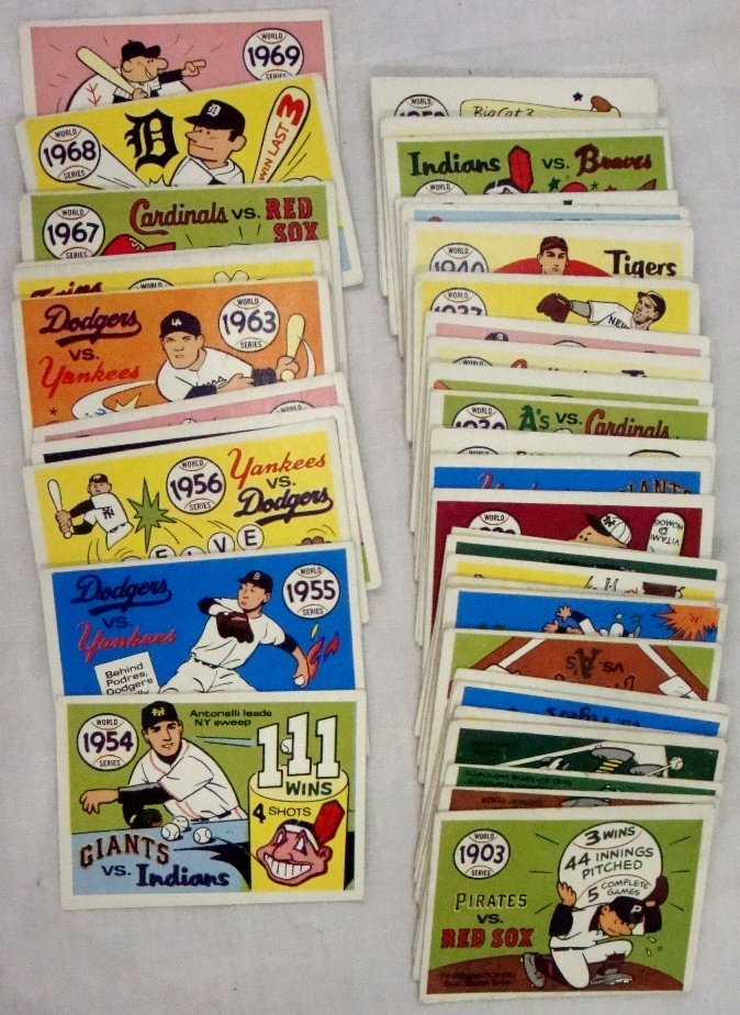 1968 Fleer World Series Card Lot (40) w 1954 India: 1968 Fleer World Series Card Lot; includes (40) World Series Cartoon Cards with 1954 Giants vs. Indians, a 1956 Yankees vs. Dodgers and others; overall condition is VG or better; nice World Series car