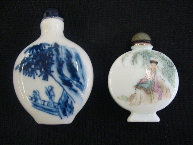 Flow Blue Hand Painted Snuff Bottle pair: 3" x 2" blue, 2 1/4" x1 3/4"