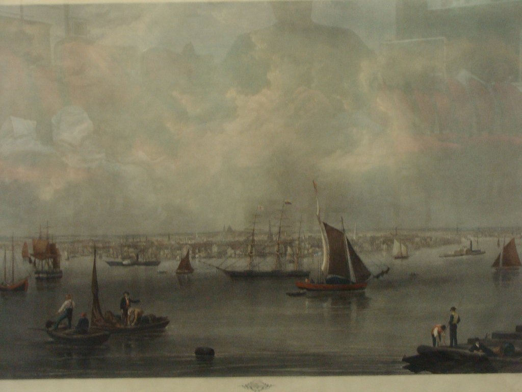 Large 1857 BOSTON Harbor Engraving by C Mottram pa: Large 38 1/2" x 24 1/2" image size, framed is 47 1/2" x 34", from BF Smith Engraving, engraved by C. Mottram, printed by McQueen, Painted by JW Hill, slight water damage on edge