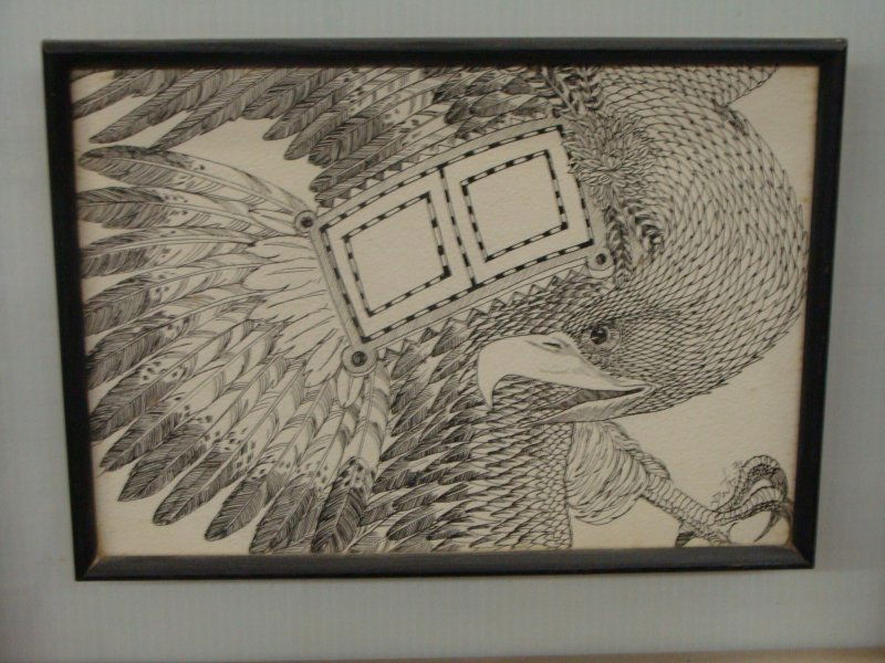 Original Pen & Ink Drawing of An eagle by a Hopi Indian: Original Pen & Ink Drawing of An eagle by a Hopi Indian Artist-signed but hard to read the name. The image measures 11” x 8” and the frame measures 18” x 15”.