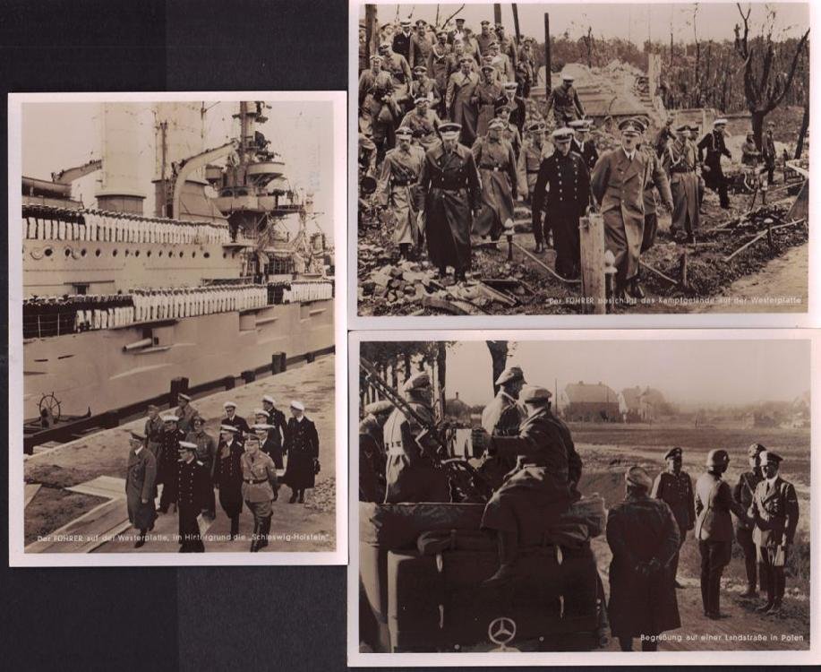 Poland - General Government Franked Photo Postcard: Excellent lot of (6)Hitler and (2)WWII photo cards, all with various provisional occupation issues. Photos were taken by Hitler photographer Prof.Hoffman from Munich. Eva Braun was employed there. Eac