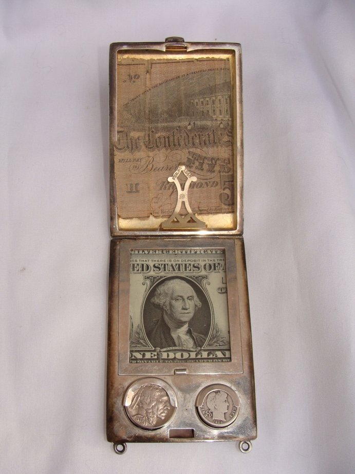JAMES E. BLAKE STERLING MONEY CASE WALLET: APPROX 3.75" X 2.5" X 1/2" THICK, APPROX WEIGHT WITH COINS, SILVER CERTIFICATE AND CONFEDERATE NOTE IS 3.72 Troy ounces