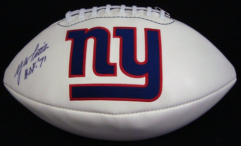 Y.A. Tittle Signed NY Giants Stat Football: New York Giants Stat Football; signed by Tittle on the panel in black fine point marker with 'HOF 71' inscription; ball lists all NY Giants Championships through 2005; nice stat ball with hard-to-find