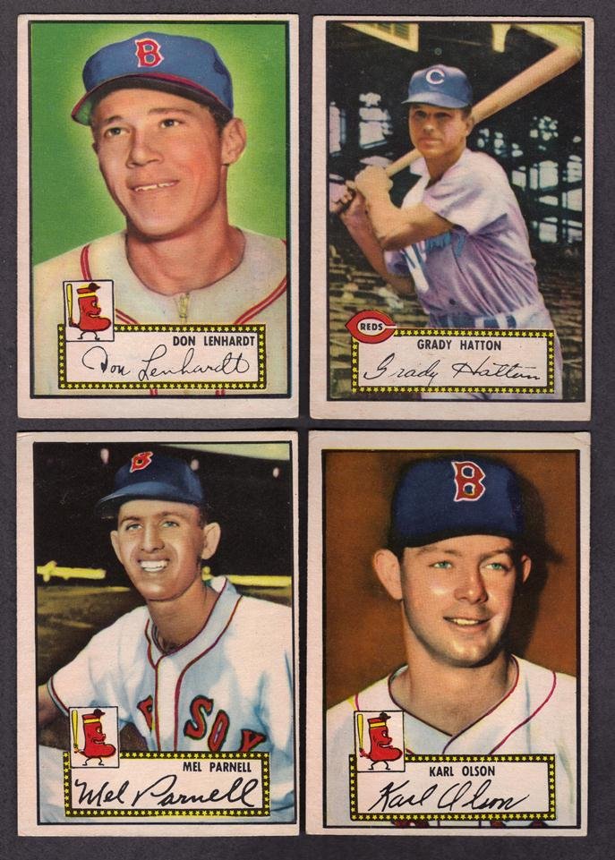 1952 Topps Redback Baseball Card Lot, (4) w Olson R: 1952 Topps Redback Baseball Card Lot; includes (4) scarce redback cards in overall EX condition; includes #4 Don Lenhardt, #6 Grady Hatton, #30 Mel Parnell and #72 Karl Olson Rookie Card; very nice gr