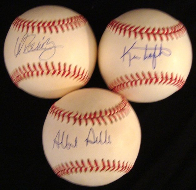 Lot of (3) Single Signed Indians Balls, Ramirez: Lot of (3) Autographed Cleveland Indians Baseballs; includes Manny Ramirez Single Signed Baseball; OAL Bobby Brown ball signed by Ramirez on the sweet spot in blue ballpoint pen; nice full signature b