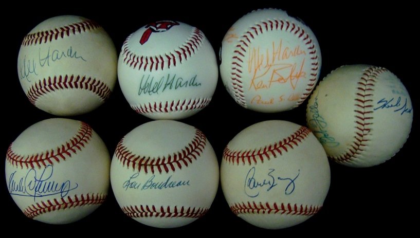 Lot of (7) Indians Signed Baseballs, Harder, Feller: Lot of (7) Indians Signed Baseballs; includes (5) single signed balls and (1) multi-signed ball; includes Cleveland Indians Fotoball signed by Mel Harder on the sweet spot in black pen; Official Appro