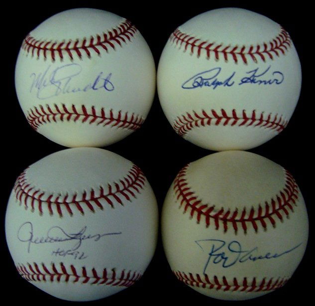 Lot of (4) HOF Single Signed Baseballs, Kiner, Care: Lot of (4) Single Signed Baseballs by Hall of Famers; signatures include Kiner, Carew, Schmidt and Fingers; includes Official MLB Bud Selig Baseball signed by Ralph Kiner on the sweet spot in blue bal
