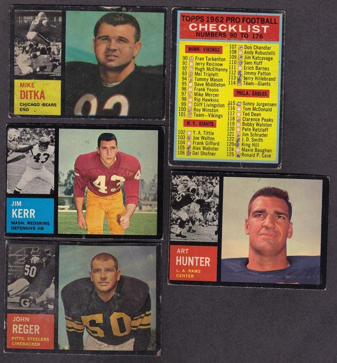 1962 Topps Football Card Lot, (60+) w Ditka: 1962 Topps Football Card Lot; includes (60+) cards in overall Fair to VG condition with some variation; includes key cards #17 Mike Ditka, #176 Checklist (has been checked), #84 Art Hunter, #135 John 