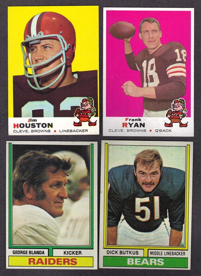 1969-79 Topps Football Card Lot, (20+) with Stars: 1969-79 Topps Football Card Lot; includes (20+) cards in overall EX to NM condition; key cards include 1969 T #121 Jim Houston and #140 Frank Ryan; 1974 T #121 All Pro Harold Carmichael; 1977 T #45 Ro