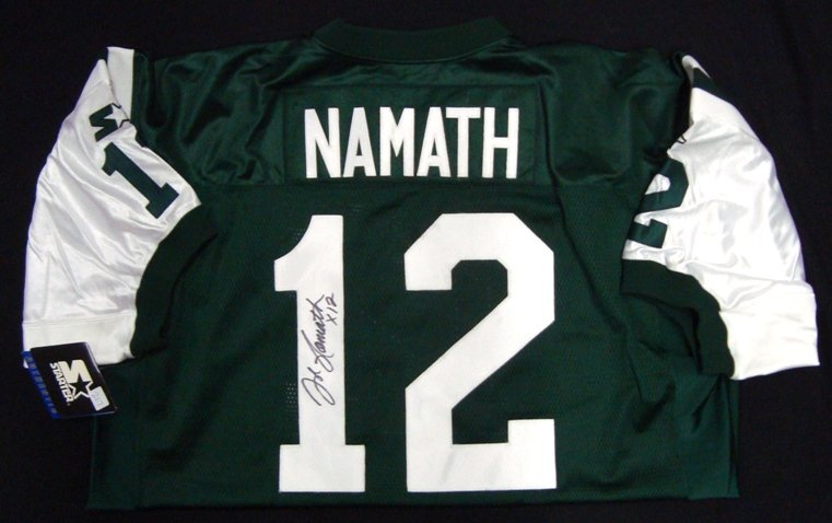 Joe Namath Autographed Jets Jersey: Starter NFL Pro Line Size 54 New York Jets Jersey; signed by Namath on the back over the '1' in black sharpie marker with 'x12' inscription; very nice, large signature; jersey still has original tags;