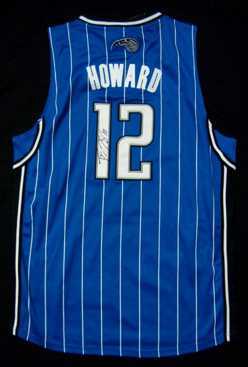 Dwight Howard Signed Orlando Jersey: Adidas Size 52 Orlando Magic Store Model Dwight Howard Jersey; signed by Howard on the back over the '1' in black sharpie marker; nice, clean signature; has original tags; comes with an ALOA from JSA.