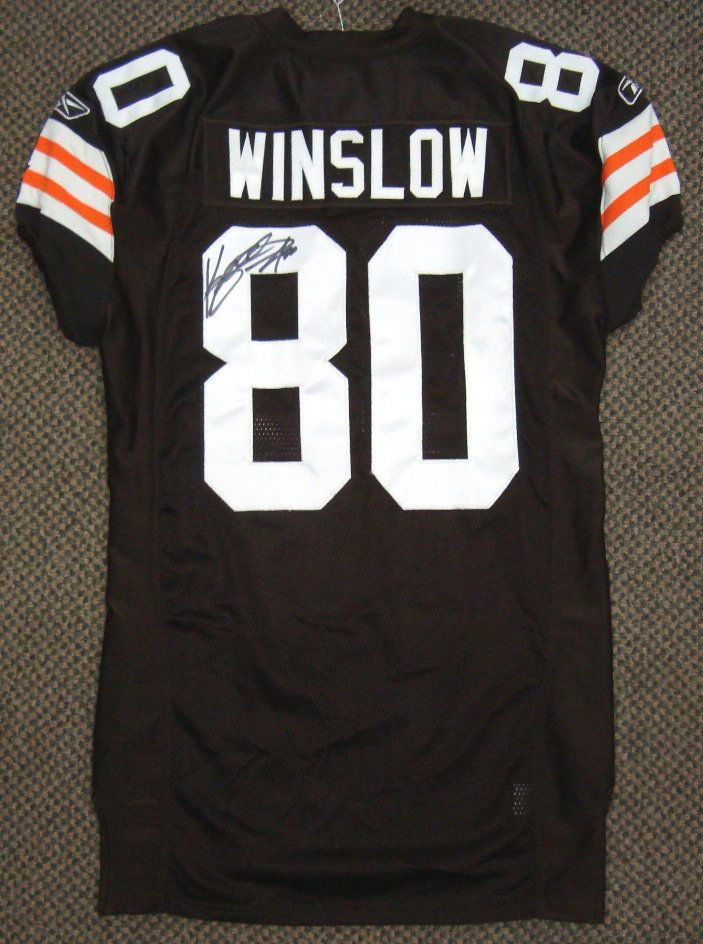 Kellen Winslow Signed Game Issued Browns Jersey: Reebok Size 52 Cleveland Browns Game Issued Jersey; signed by Winslow on the back across the '8' in black sharpie marker; Cleveland Browns tags stitched inside; short sleeve with 'AL' patch on sleeve;