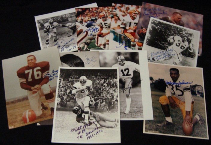 Lot of (10) Signed Football 8x10 Photos w Stars Gr: Lot of (10) Autographed Football 8x10 Photos; includes many stars, black and white and color photos; signatures include Brian Sipe, Dick Modzelewski, Marion Motley, John Henry Johnson, Don Cockroft, J