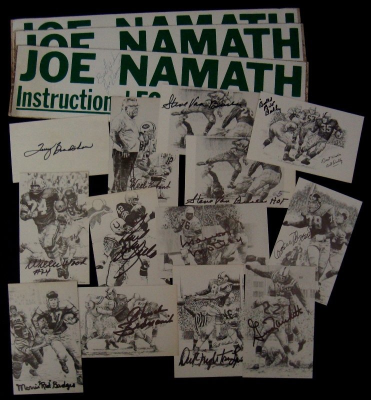 Lot of (27) Football Star Autographs, Bradshaw, Na: Lot of (27) Football Star Autographs; includes (23) autographed illustrated postcards; signatures include Weeb Ewbank, (2) Steve Van Buren, Willie Wood, Paul Warfield, Marion Motley, Roosevelt Brown, 