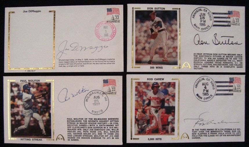(4) Signed Baseball First Day Covers, DiMaggio: Lot of (4) Autographed First Day Covers; signed by Don Sutton in black marker, Paul Molitor signed in blue ballpoint pen, Joe DiMaggio signed in blue pen (photo missing from cover) and Rod Carew signe