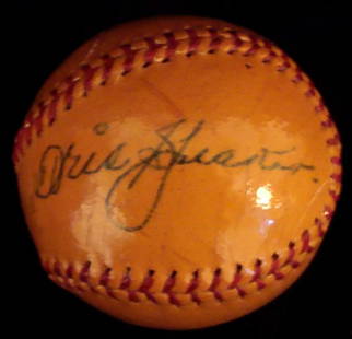 Tris Speaker Bill Veeck Signed William Harridge Mi: Tris Speaker Autographed William Harridge Reach Miniature Baseball; signed by Speaker on the heel in blue pen; ball has another faded signature by Bill Veeck on the opposite heel; ball has been coated
