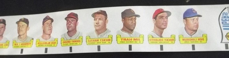 1966 Topps Rub-Offs Roll (20 w Mantle): Uncut Roll of 1966 Topps Rub-Offs; roll is in EX condition; includes (20) different Topps Rub-Offs; included are Athletics Team Pennant, Ed Charles, Jimmy Hall, Bob Bruce, Deron Johnson, Johnny Lewis,