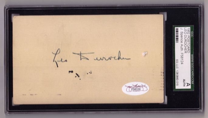 Leo Durocher Autographed 1952 Postcard, JSA SGC: Leo Durocher Autographed 1952 Postcard; very nice GPC postcard signed by Durocher on the back side in black ink pen; very nice clean signature; comes with a JSA Basic Cert #F58124 and is graded 'Authe