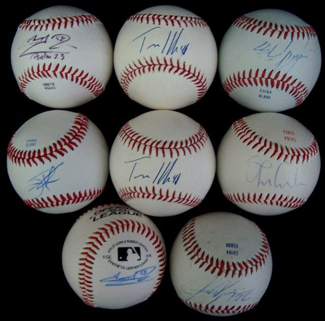 Lot of (8) Single Signed Indians Baseballs, Hafner: Lot of (8) Single Signed Cleveland Indians Baseballs; includes (2) MLB Bud Selig Baseballs signed by Travis Hafner in blue ballpoint pen; (2) Rawlings Official League Baseballs; signed on the sweet sp