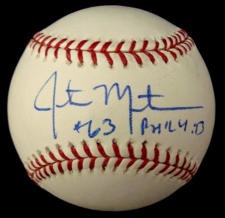 Justin Masterson Single Signed Baseballs (7): Lot of (7) Single Signed Masterson Balls; includes (1) Official MLB Bud Selig Ball; signed on the sweet spot by Masterson in blue ballpoint pen; '#63 PHIL 4:13' inscribed under signature; (4) Rawlings