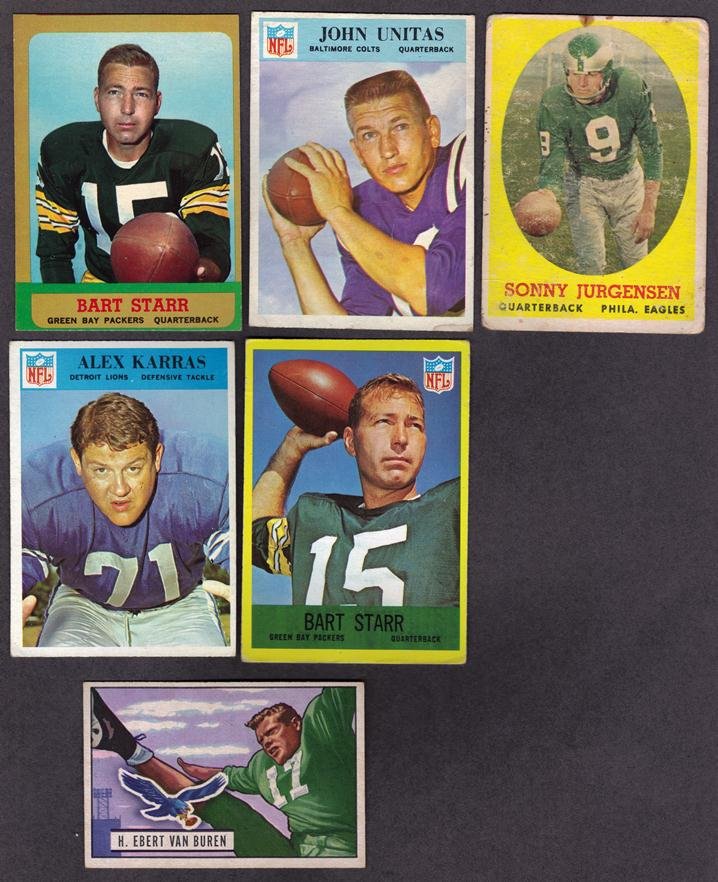 Lot of (6) 1951-67 Football Star Cards, Starr, Uni: Lot of (6) 1951-67 Football Star Cards; overall condition is good to VG-EX with some variation; lot includes 1951 Bowman #84 Van Buren; 1958 Topps #90 Sonny Jurgensen (poor cond); 1963 Topps #86 Bart 