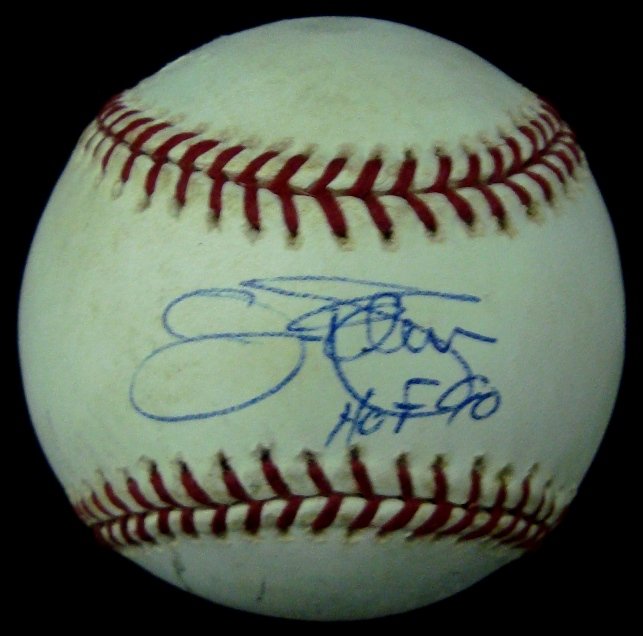 Jim Palmer Single Signed Baseball: Official MLB Bud Selig Ball signed on the sweet spot by Palmer in blue ballpoint pen; HOF 90 inscription under signature; nice autograph; comes with an ALOA from JSA.