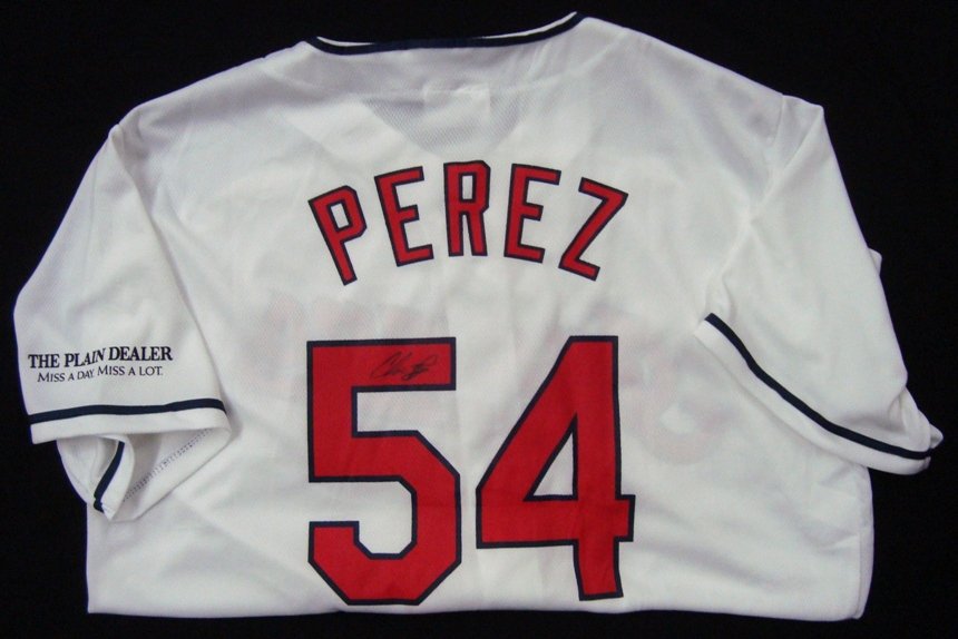 Lot of (2) Autographed Chris Perez Indians Jerseys: Lot of (2) Chris Perez Signed Cleveland Indians Jerseys; Match Up Promotions Size XL button front jersey shirts sponsored by The Plain Dealer; both signed by Perez on the back over the '5' in black sh