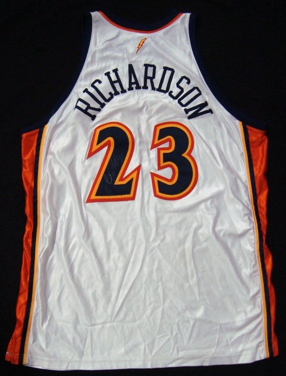 Jason Richardson Signed Warriors Jersey: Reebok Team Apparel Size 56 Warriors Store Model Jersey; signed by Richardson on the back in white sharpie marker with '23' number inscription across the '2'; nice, clean signature; comes with an ALOA