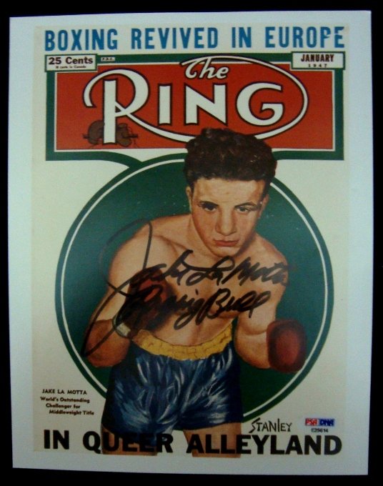 Jake LaMotta Signed 'The Ring' Magazine Cover Phot: Jake LaMotta Autographed 'The Ring' Magazine Cover Reproduction Photo; measures 8x10 and is a full color photo of the January 1947 cover of 'The Ring' Magazine; signed by LaMotta in black sharpie mark