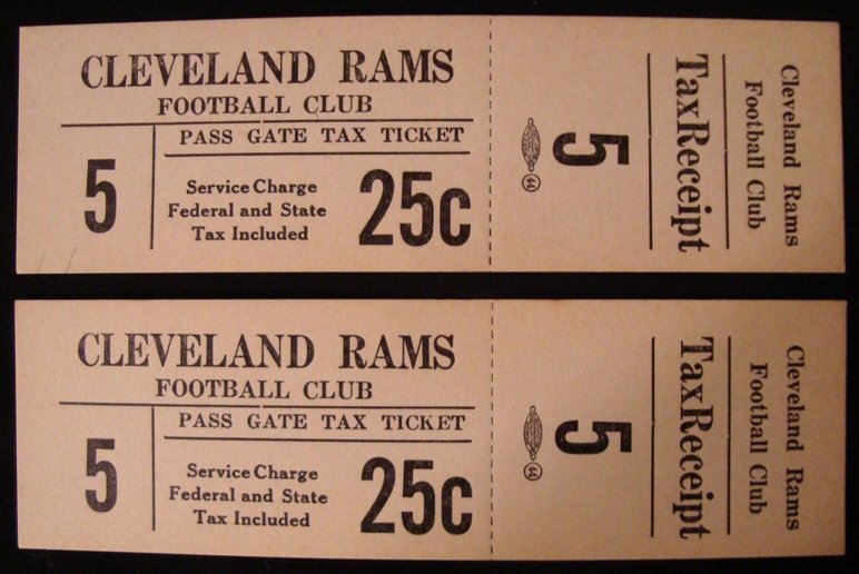 Pair of 1930-40's Cleveland Rams Football Club Tic: Pair of 1930-40's Cleveland Rams Football Club Tickets; NM condition; full tickets measuring approx 5" in length and 1-1/2" wide; face reads 'Pass Gate Tax Ticket, Service Charge Federal and State Tax