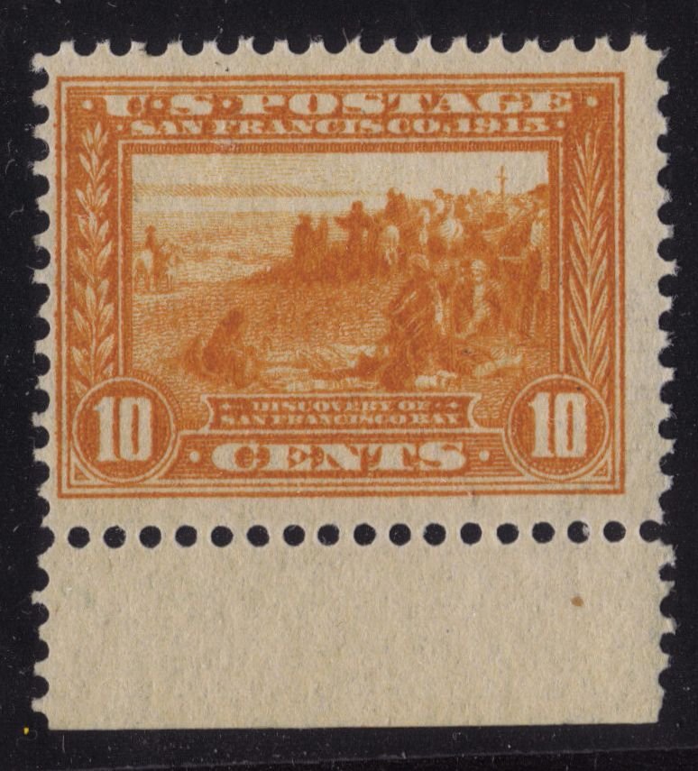U.S.Scott 400 Fine OG NH 10c Pan-Pacific SCV.$270: 1913 Orange yellow perf 12 Pan-Pacific, Scott 400, Unused with fine centering, bottom margin single, full never hinged original gum, small fingerprint spot on gum. 2013 SCV.$270
